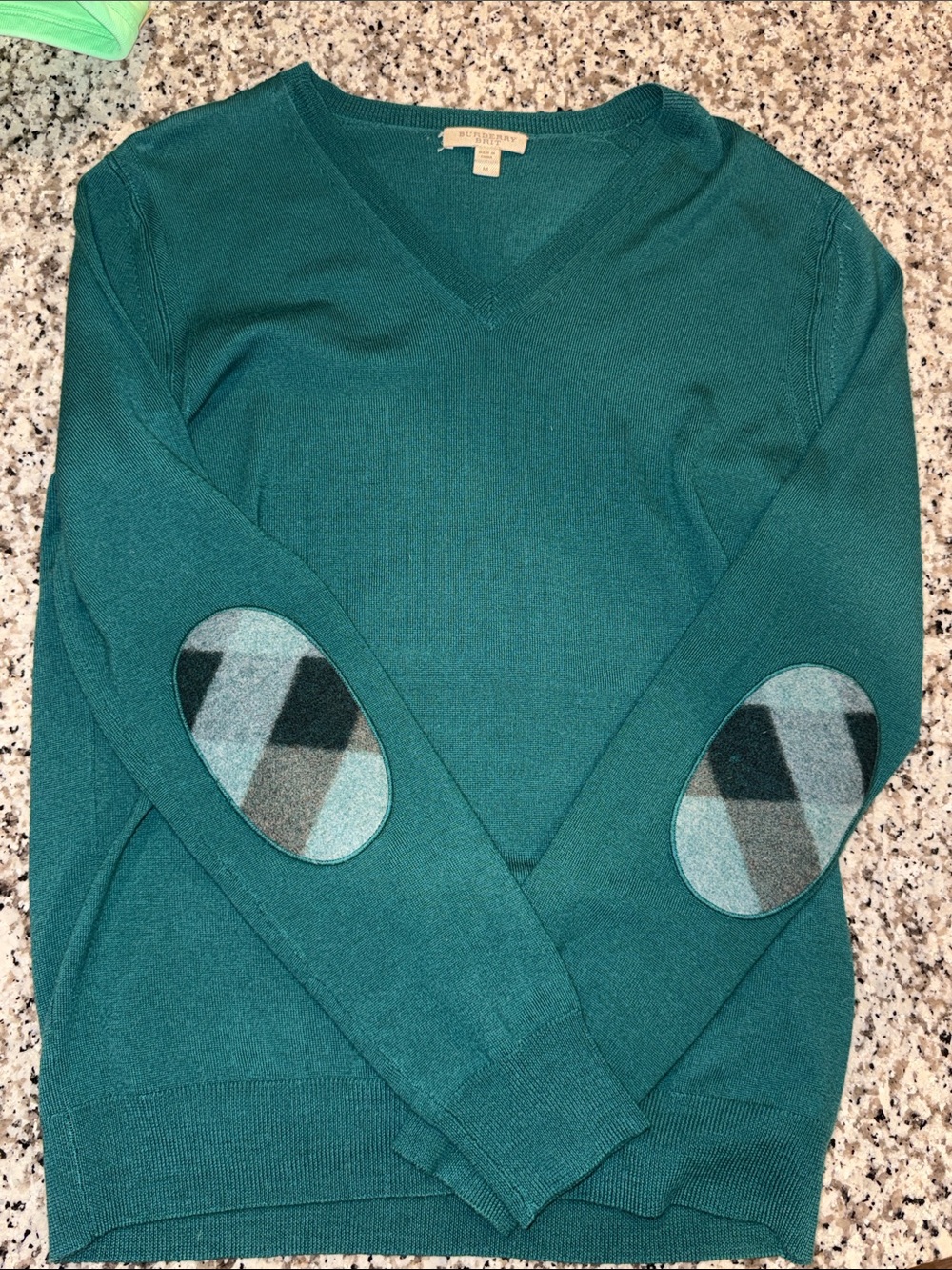 Burberry Teal V-Neck Sweater with Argyle Elbow Patches
